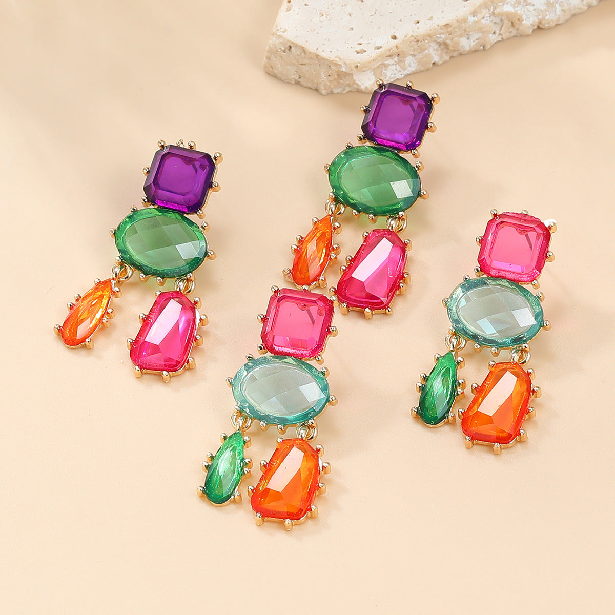 Wholesale Multi-layer Geometric Color Diamond Alloy Earrings